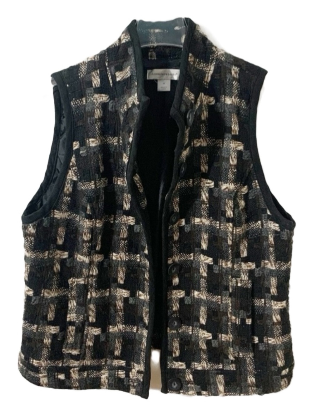 Christopher & Banks Knit Quilted Vest Size Medium Black Gray Tan Full Zip